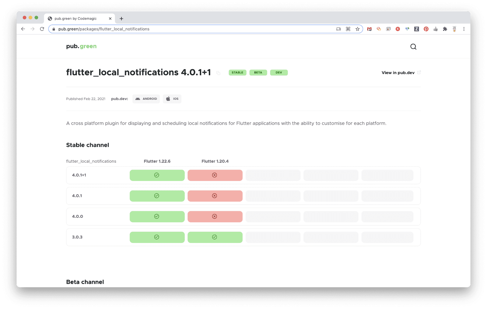 Trang web pub.green mới của Codemagic cho thấy khả năng tương thích đối với các gói hàng đầu với các bản phát hành Flutter gần đây